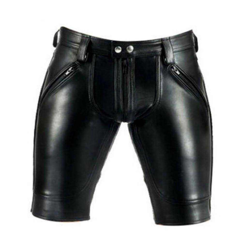 Front view of men's black real cowhide leather shorts with a two-way front zipper, double snap waist closure, and dual front slash zip pockets.