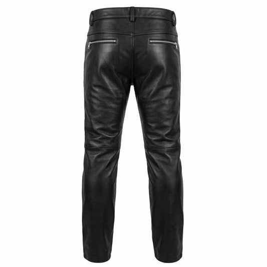 Back view of men's black leather biker jeans displaying dual silver zipper rear pockets and double-stitched back seams.