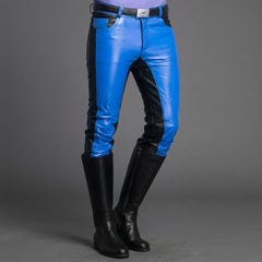 Pantalones de motociclista de cuero de piel de vaca auténtica para hombre, contraste negro y azul, pantalones vaqueros
