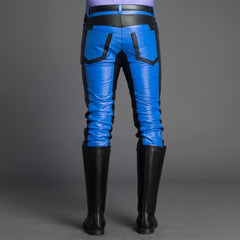 Pantalones de motociclista de cuero de piel de vaca auténtica para hombre, contraste negro y azul, pantalones vaqueros