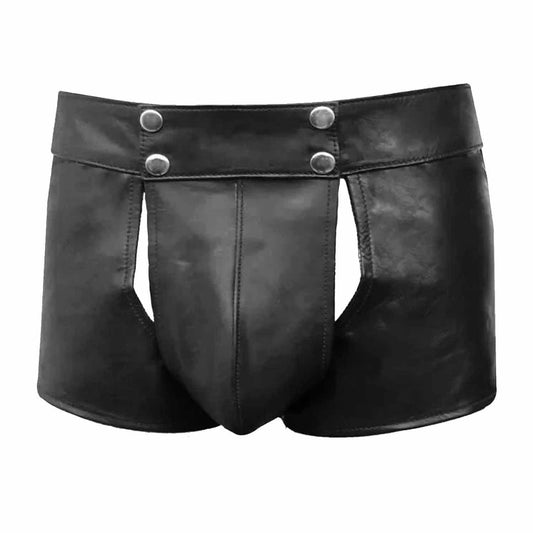 Pantalones cortos de cuero negro auténtico para hombre con bolsa delantera desmontable y bragueta, apertura delantera, para gais