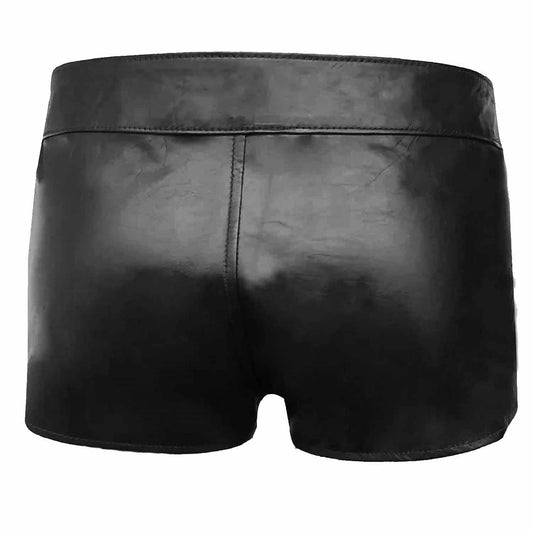 Pantalones cortos de cuero negro auténtico para hombre con bolsa delantera desmontable y bragueta, apertura delantera, para gais