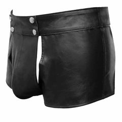 Mens Real Black Leather Short With Detachable Front Pouch Codpiece Front opening Gay Shorts