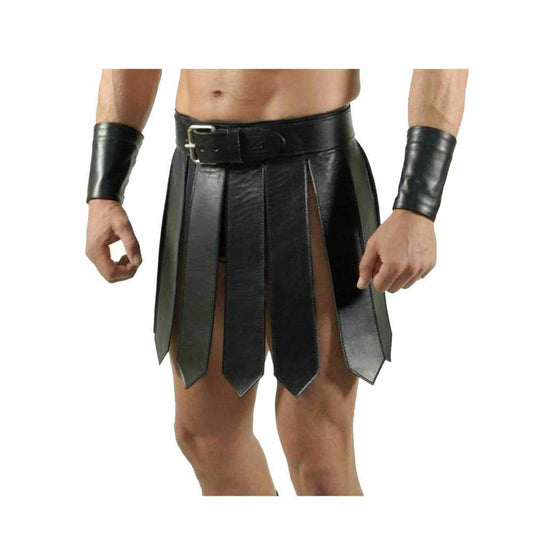 Kilt romano de gladiador negro de cuero auténtico sexy para hombre, conjunto de kilt, ropa de club gay, LARP