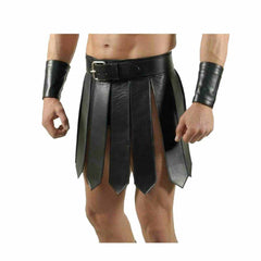 Kilt romano de gladiador negro de cuero auténtico sexy para hombre, conjunto de kilt, ropa de club gay, LARP