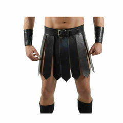 Kilt romano de gladiador negro de cuero auténtico sexy para hombre, conjunto de kilt, ropa de club gay, LARP