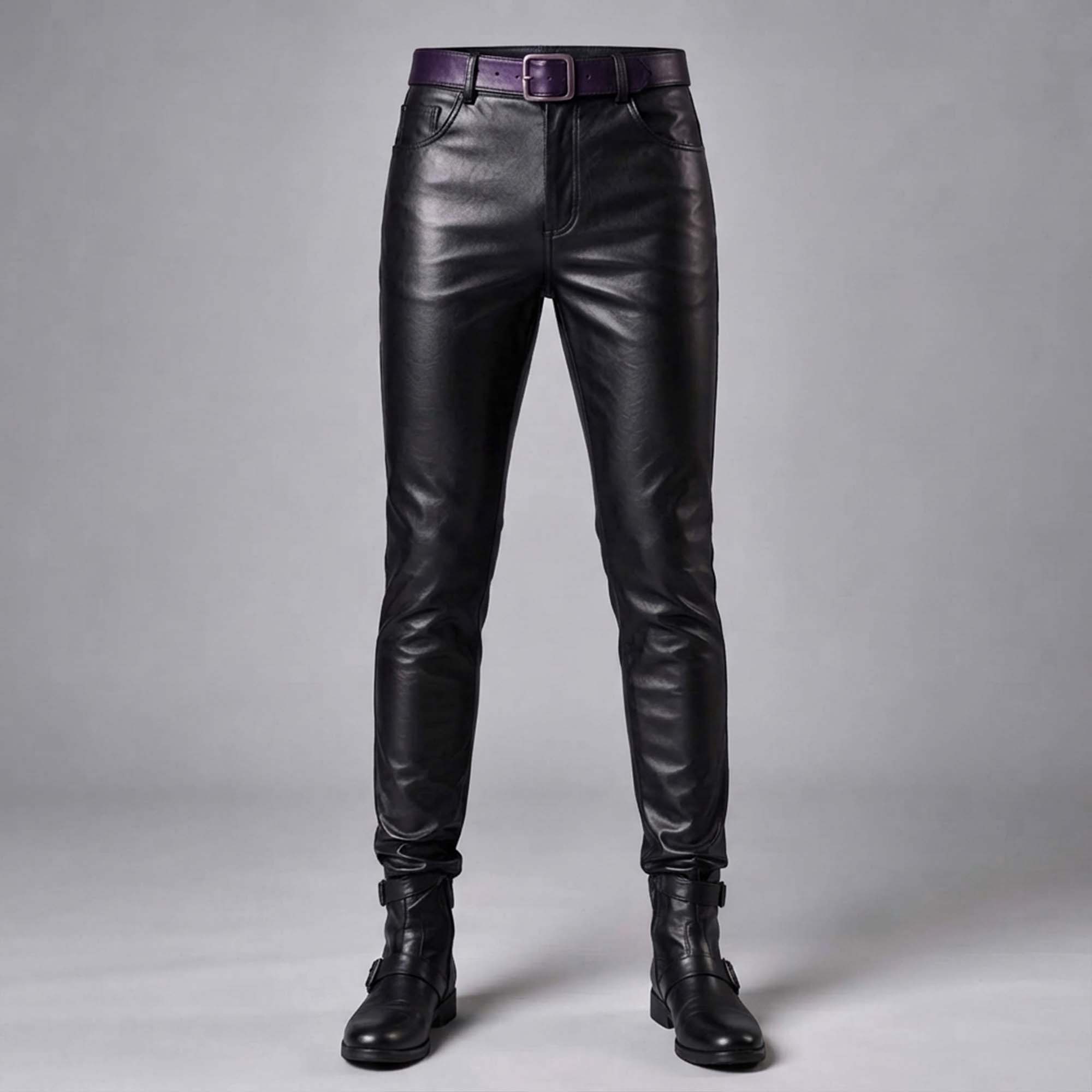 Close-up front view highlighting the texture of the black real leather trousers and the deep purple waist belt detail.