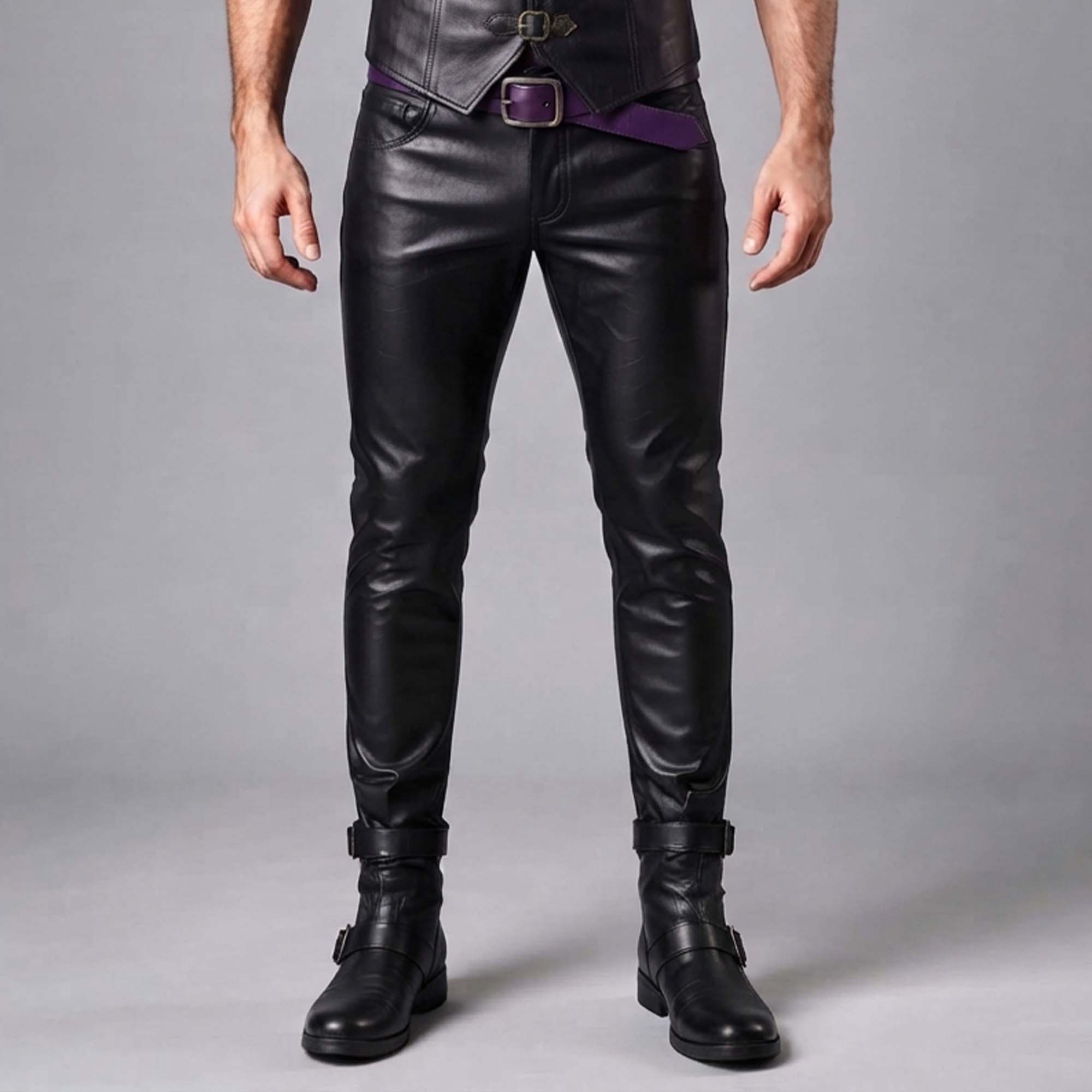 Front view of a man wearing black real leather slim-fit pants paired with a dark purple waist belt and black buckled boots.