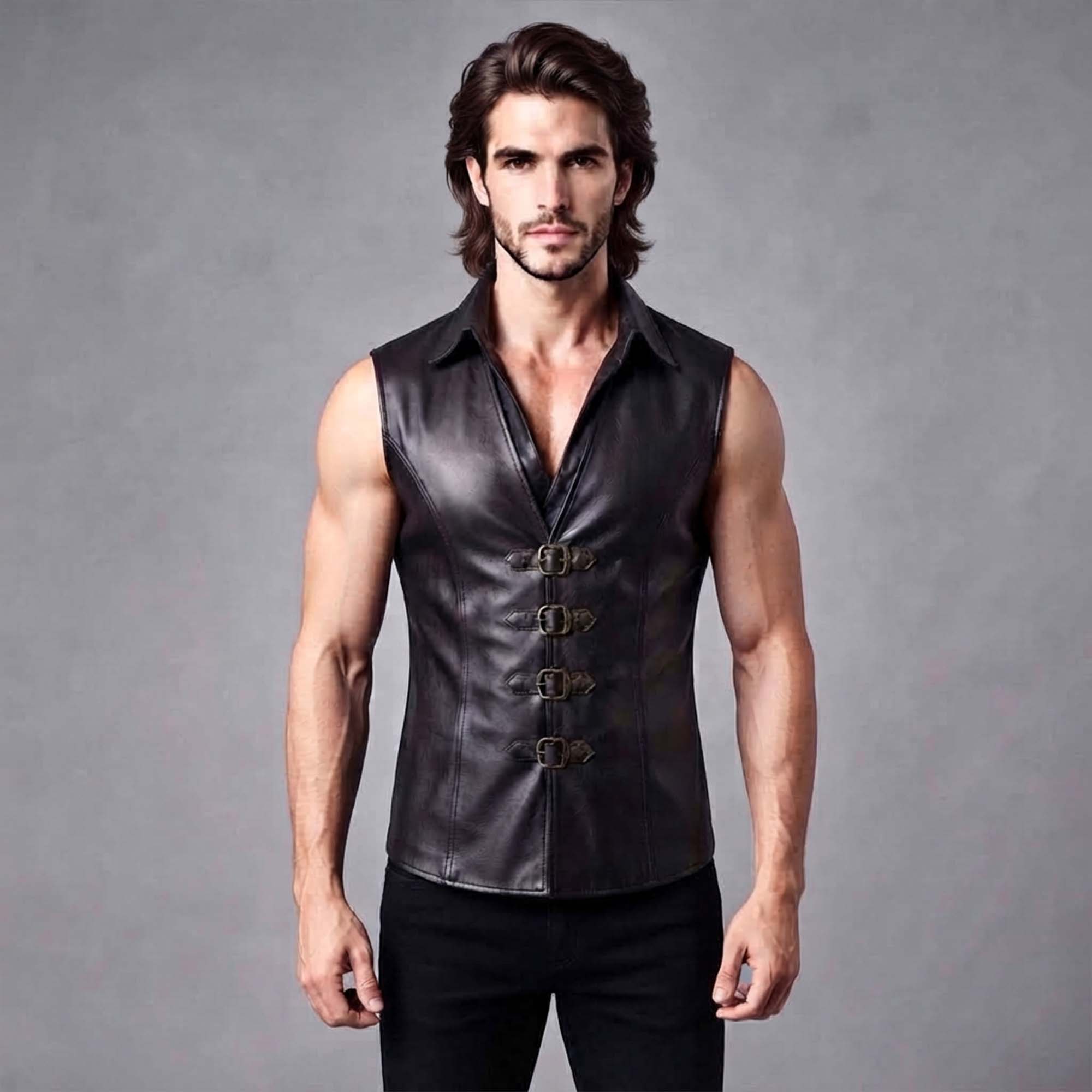 Front view of the black sleeveless leather shirt vest worn alone, displaying its front buckle closures and tailored collar.