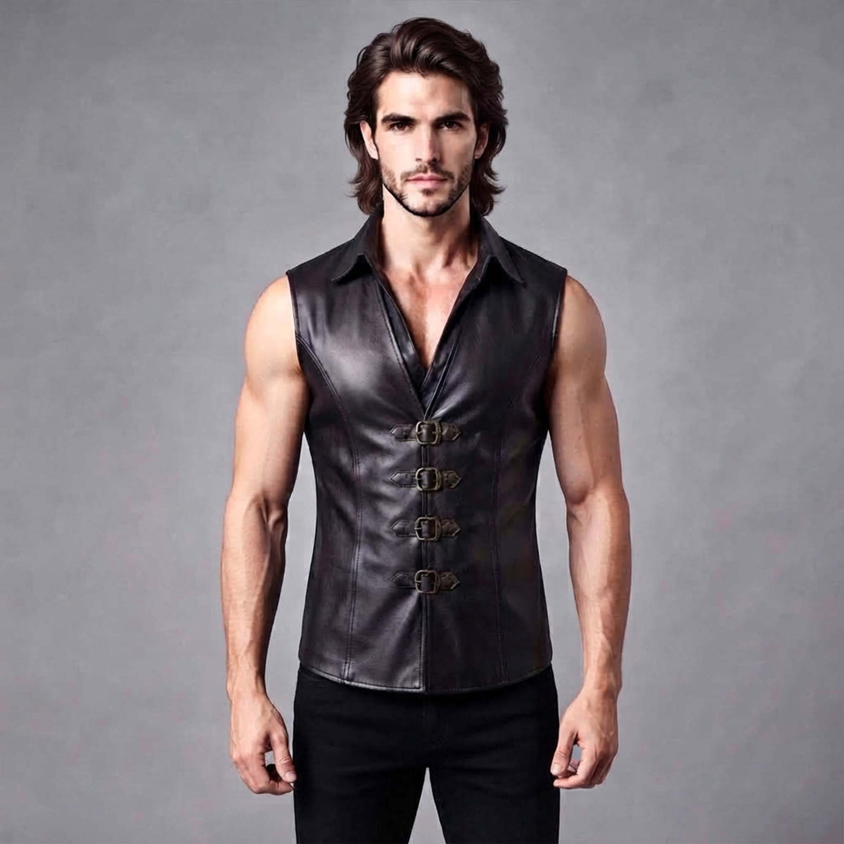 Front view of the black sleeveless leather shirt vest worn alone, displaying its front buckle closures and tailored collar.