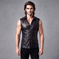 Front view of the black sleeveless leather shirt vest worn alone, displaying its front buckle closures and tailored collar.