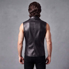Rear view of the sleeveless leather shirt vest emphasizing its clean paneling and structured fit.