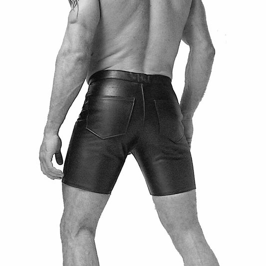 Nuevos pantalones cortos de mezclilla de cuero negro auténtico hasta medio muslo con taparrabo y abertura frontal, estilo gay