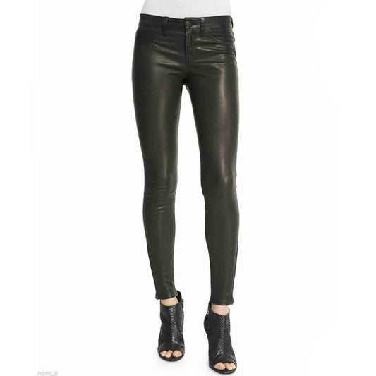 Pantalón Nuevo de Mujer de Piel Genuina de Oveja Ajustado Negro Pitillo