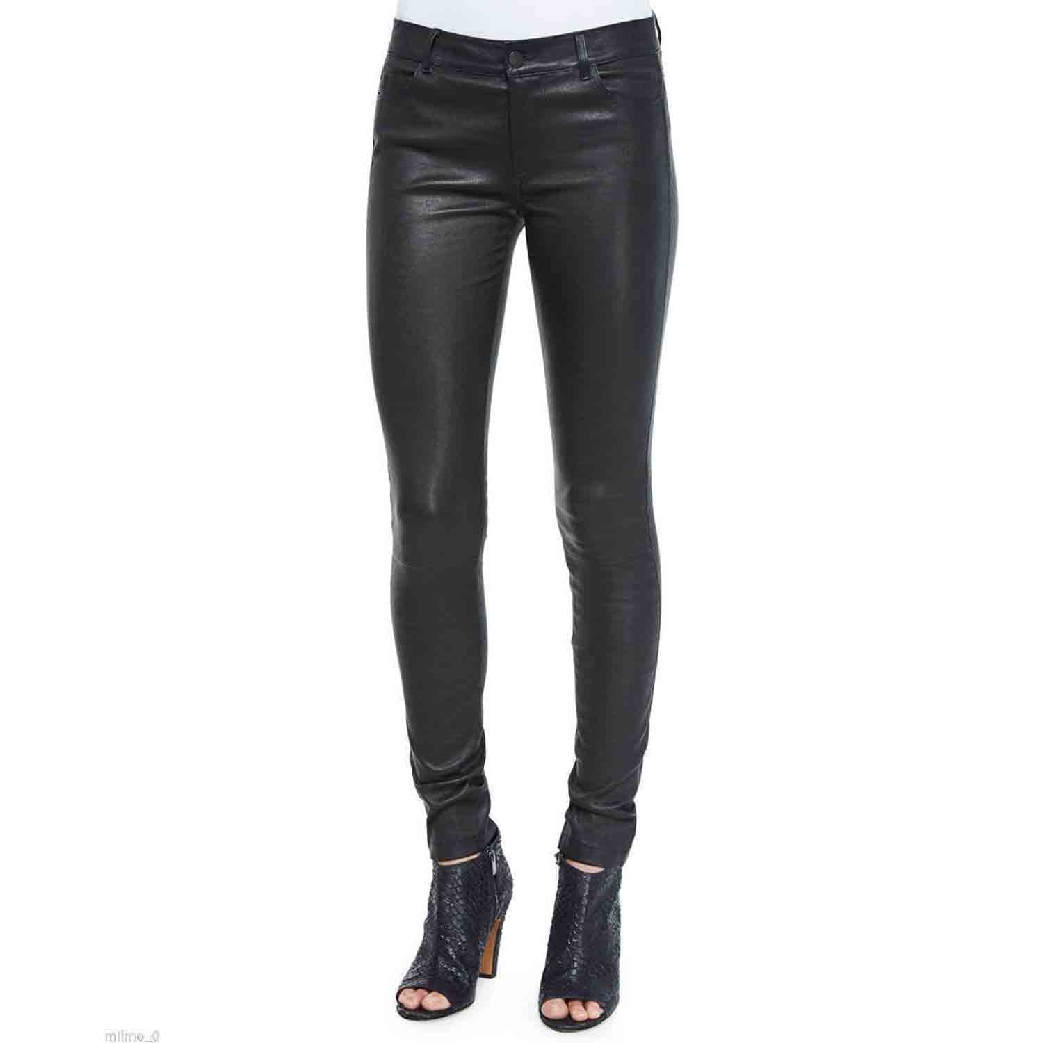 A pair of black sheepskin leather pants with ankle zipper closure, designed in a slim fit style.