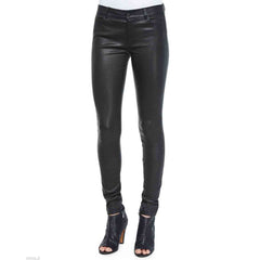 A pair of black sheepskin leather pants with ankle zipper closure, designed in a slim fit style.