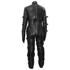Black leather jumpsuit with zippers on a white background