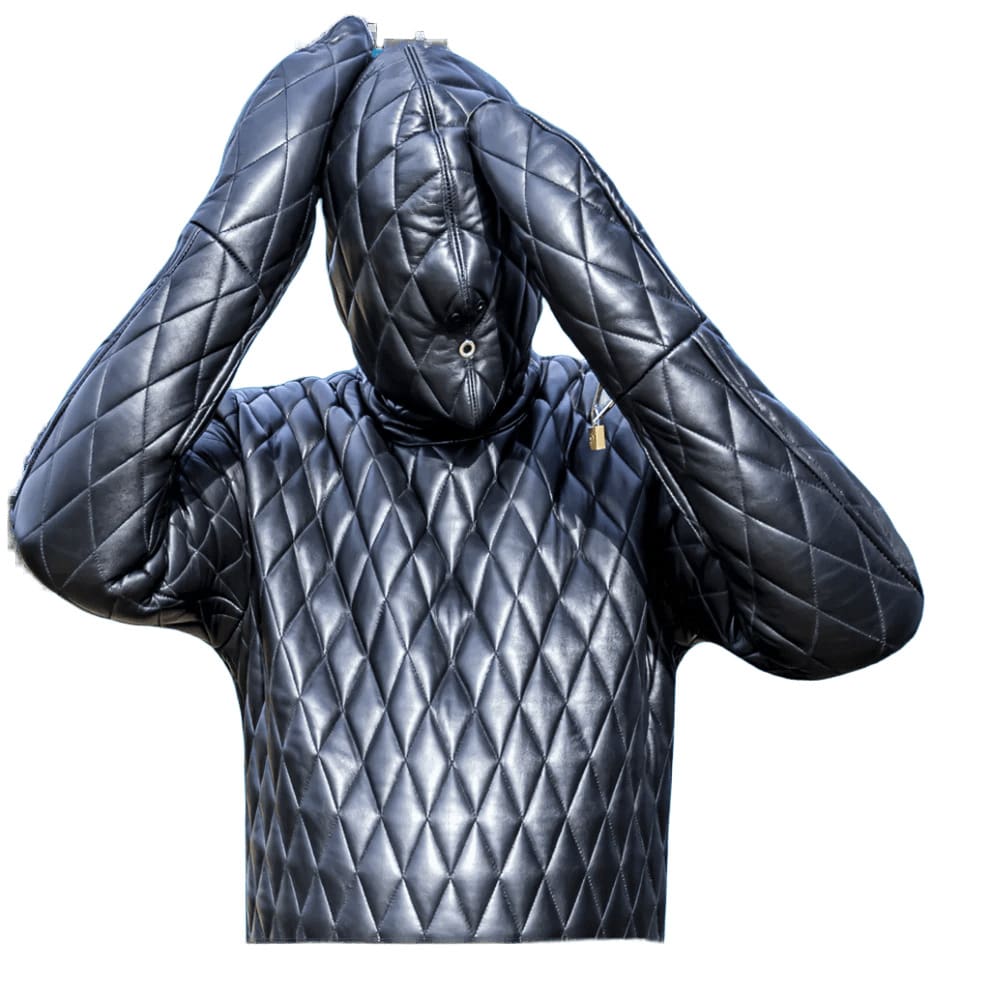 Black quilted jacket with hood on a white background