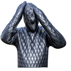 Black quilted jacket with hood on a white background