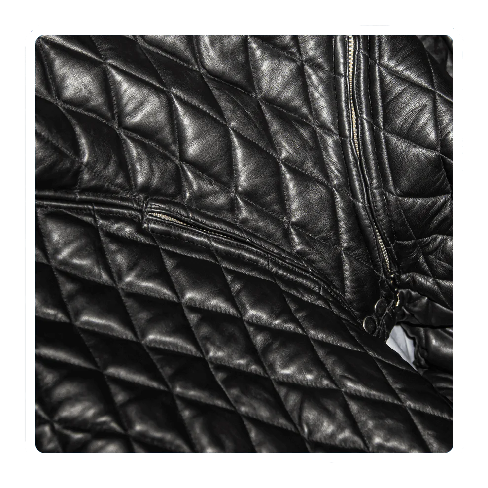 Close-up of a black quilted jacket with a zipper