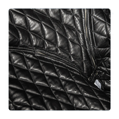 Close-up of a black quilted jacket with a zipper