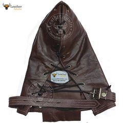Máscara de cuero auténtico marrón para bondage, con cerradura, hecha a mano, máscara de gimp de cuero, máscara de capucha con cordones traseros, máscara BDSM unisex