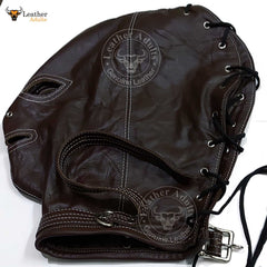 Máscara de cuero auténtico marrón para bondage, con cerradura, hecha a mano, máscara de gimp de cuero, máscara de capucha con cordones traseros, máscara BDSM unisex