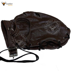 Máscara de cuero auténtico marrón para bondage, con cerradura, hecha a mano, máscara de gimp de cuero, máscara de capucha con cordones traseros, máscara BDSM unisex