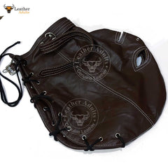 Máscara de cuero auténtico marrón para bondage, con cerradura, hecha a mano, máscara de gimp de cuero, máscara de capucha con cordones traseros, máscara BDSM unisex