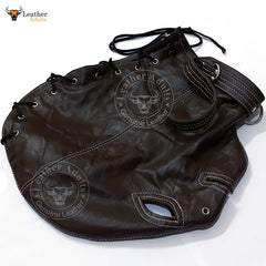 Máscara de cuero auténtico marrón para bondage, con cerradura, hecha a mano, máscara de gimp de cuero, máscara de capucha con cordones traseros, máscara BDSM unisex