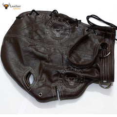 Máscara de cuero auténtico marrón para bondage, con cerradura, hecha a mano, máscara de gimp de cuero, máscara de capucha con cordones traseros, máscara BDSM unisex