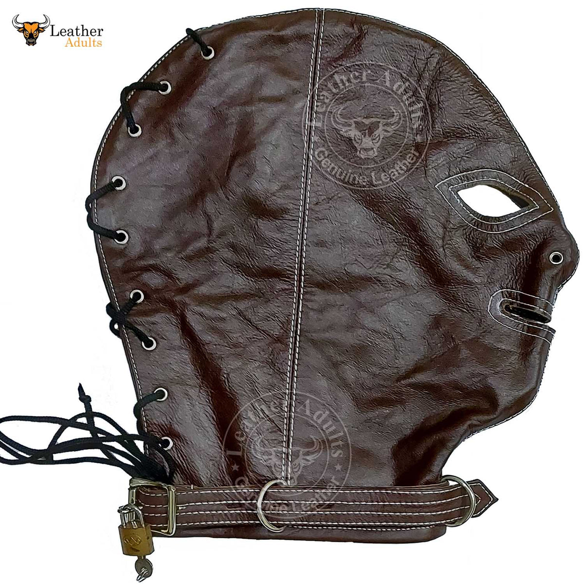 Máscara de cuero auténtico marrón para bondage, con cerradura, hecha a mano, máscara de gimp de cuero, máscara de capucha con cordones traseros, máscara BDSM unisex