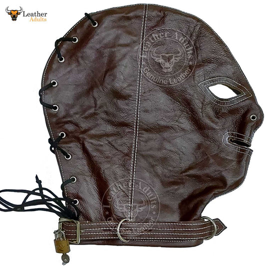 Máscara de cuero auténtico marrón para bondage, con cerradura, hecha a mano, máscara de gimp de cuero, máscara de capucha con cordones traseros, máscara BDSM unisex