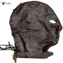 Máscara de cuero auténtico marrón para bondage, con cerradura, hecha a mano, máscara de gimp de cuero, máscara de capucha con cordones traseros, máscara BDSM unisex