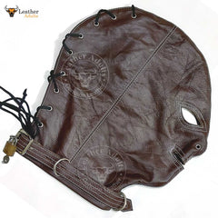 Máscara de cuero auténtico marrón para bondage, con cerradura, hecha a mano, máscara de gimp de cuero, máscara de capucha con cordones traseros, máscara BDSM unisex