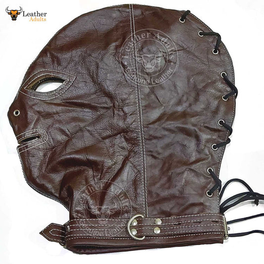 Máscara de cuero auténtico marrón para bondage, con cerradura, hecha a mano, máscara de gimp de cuero, máscara de capucha con cordones traseros, máscara BDSM unisex