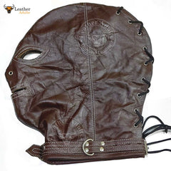 Máscara de cuero auténtico marrón para bondage, con cerradura, hecha a mano, máscara de gimp de cuero, máscara de capucha con cordones traseros, máscara BDSM unisex