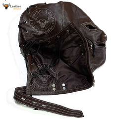 Máscara de cuero auténtico marrón para bondage, con cerradura, hecha a mano, máscara de gimp de cuero, máscara de capucha con cordones traseros, máscara BDSM unisex
