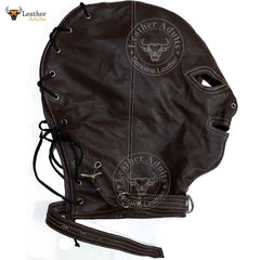 Máscara de cuero auténtico marrón para bondage, con cerradura, hecha a mano, máscara de gimp de cuero, máscara de capucha con cordones traseros, máscara BDSM unisex
