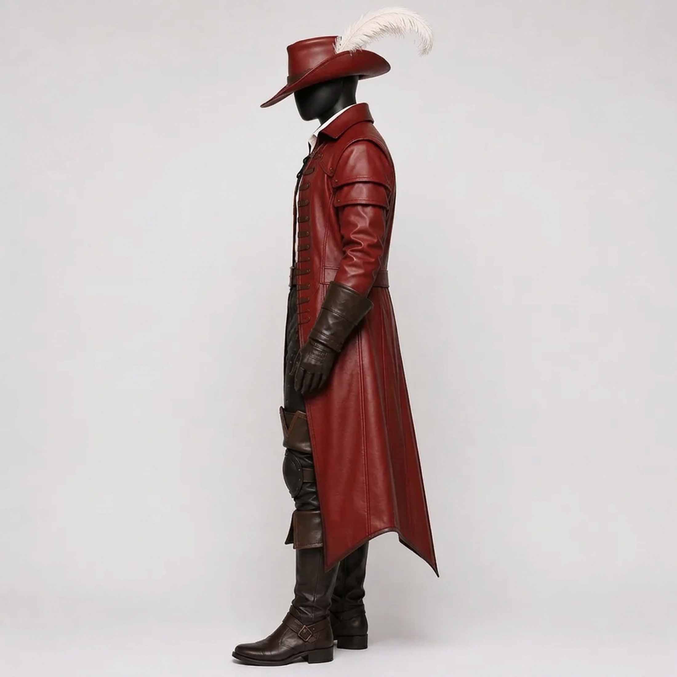 Side profile angle of red leather Renaissance pirate frock coat displaying sleeve construction and wide brim feather hat