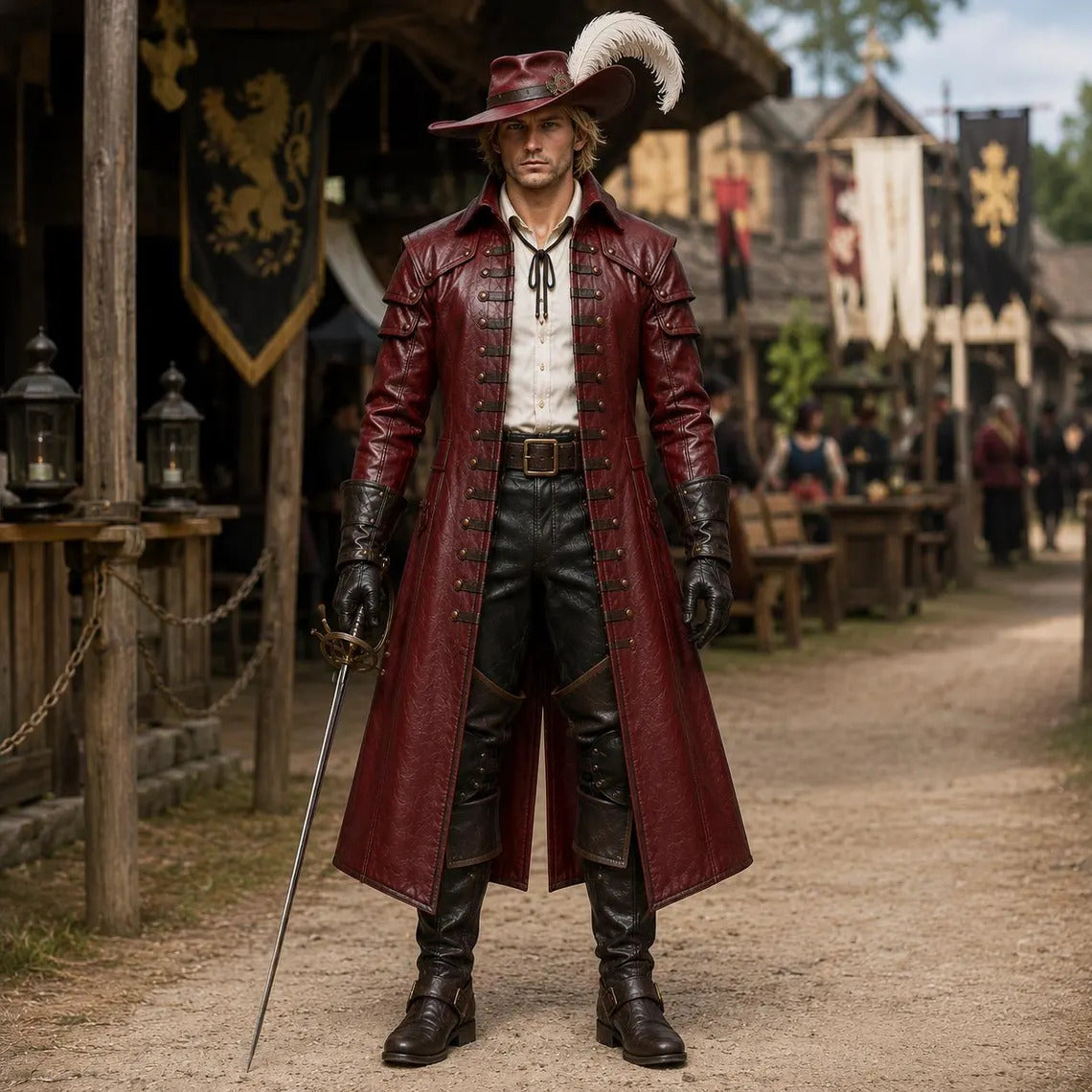 Full length outdoor portrait of pirate captain dressed in tailored red leather tailcoat hat and leather boots standing on medieval fairground path