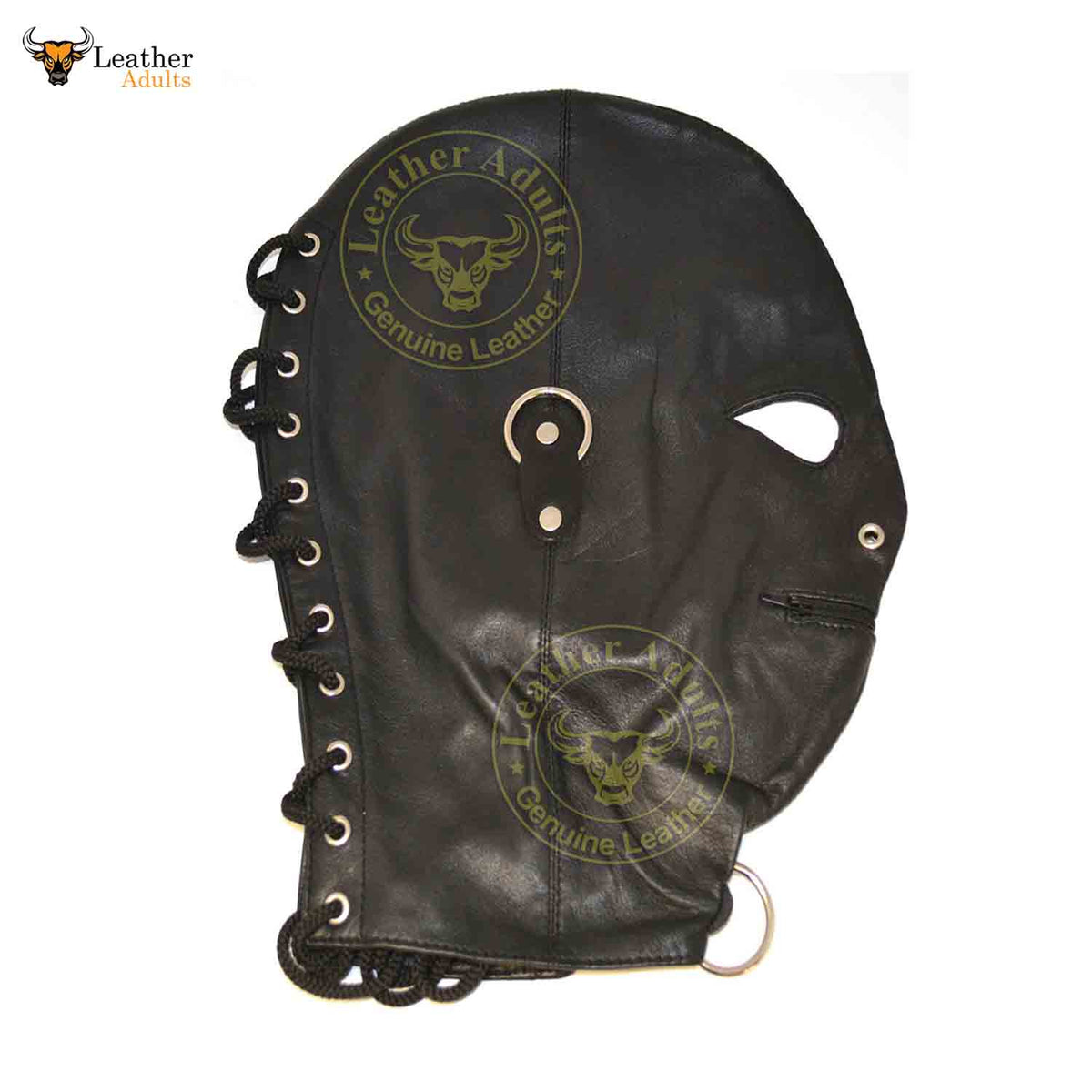 Capucha de cuero negro Rouge con 3 anillos de sujeción Capucha máscara BDSM unisex