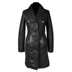 A black leather double-breasted coat with a wide collar and front buttons, displayed on a black mannequin torso against a white background. A circular 'KSK Leather Genuine Leather' logo watermark is visible on the lower front.