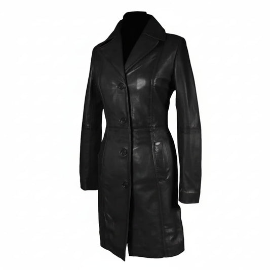 Gabardina de cuero de cordero negro hermosa para mujer, estilo gótico Steampunk, T16