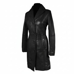 Gabardina de cuero de cordero negro hermosa para mujer, estilo gótico Steampunk, T16