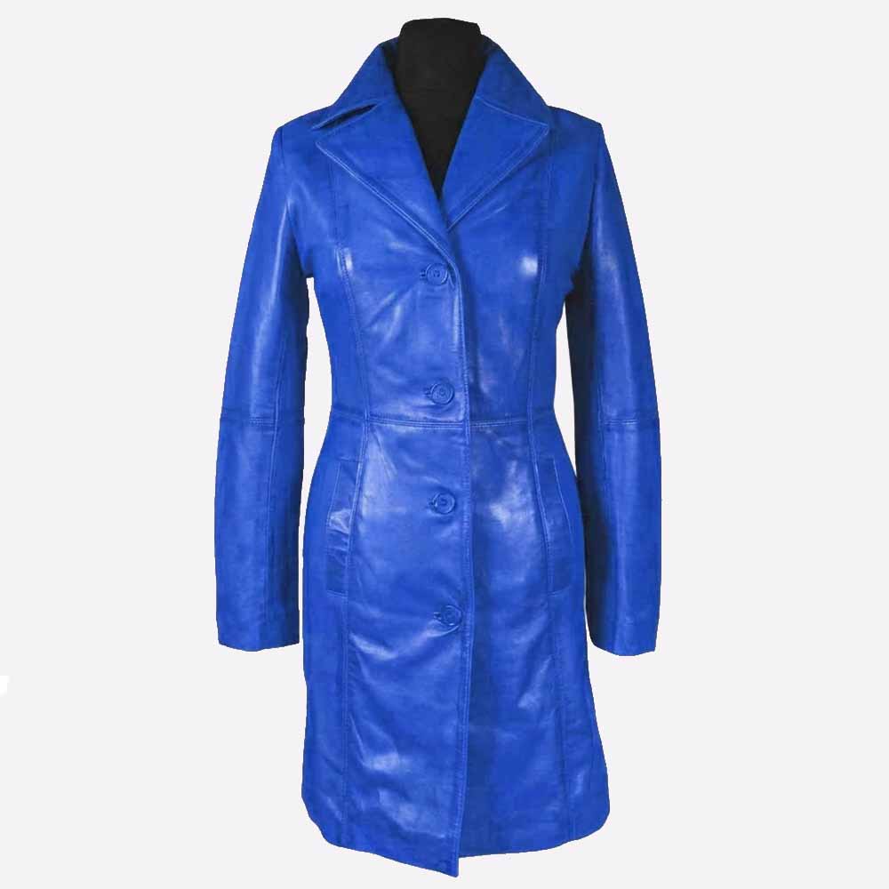 Abrigo largo azul de mujer de piel de cordero auténtica estilo gótico Steampunk T16