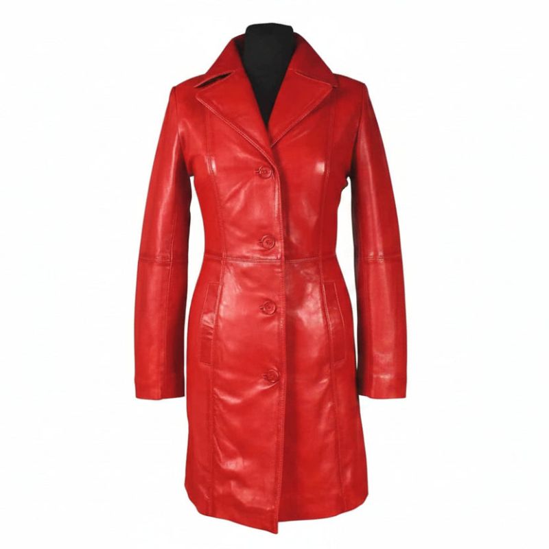 A bright red leather double-breasted coat displayed on a black mannequin torso against a white background, featuring a glossy finish and a circular leather adults watermark.