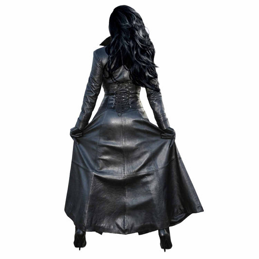 Abrigo Cazadora Trench Gótica Steampunk Matrix de Piel de Oveja Napa Pura Negra para Mujer Sexy