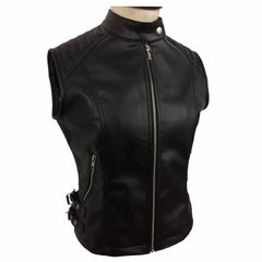 Chaleco de motociclista de cuero real de oveja negra para mujer W12