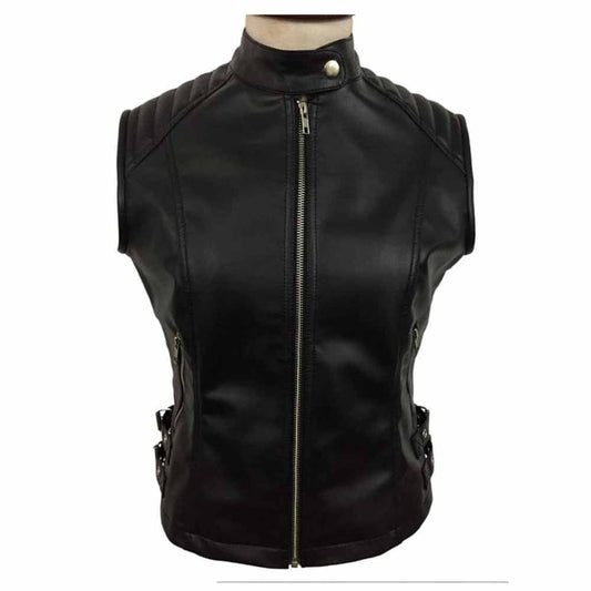 Chaleco de motociclista de cuero real de oveja negra para mujer W12